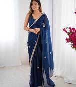silk blend blue designer beads moti val sequance work saree