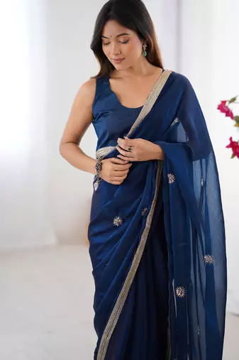 silk blend blue designer beads moti val sequance work saree