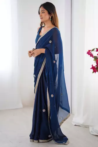 silk blend blue designer beads moti val sequance work saree