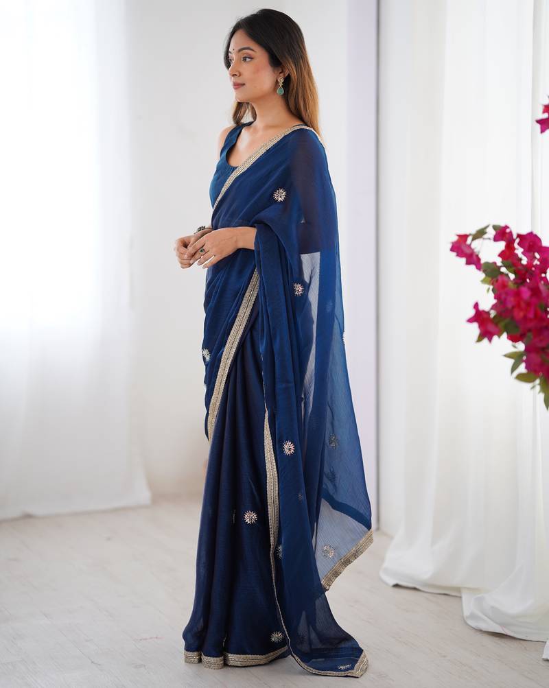 silk blend blue designer beads moti val sequance work saree