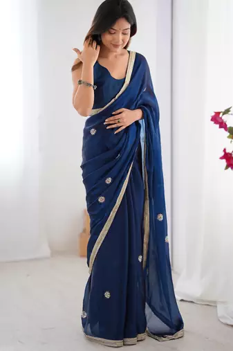 silk blend blue designer beads moti val sequance work saree