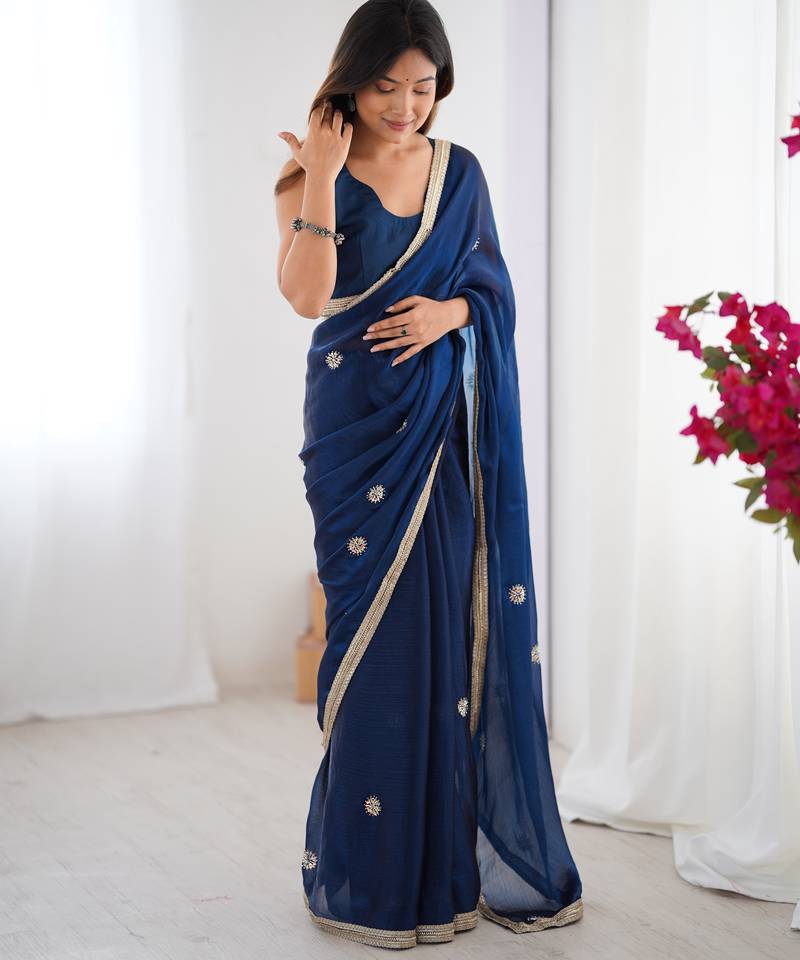 silk blend blue designer beads moti val sequance work saree