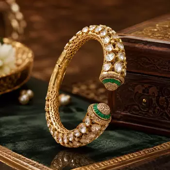 Green Kundan Open Cuff Bracelet, Antique Gold Bridal Kada, Indian Wedding Statement Jewelry 1