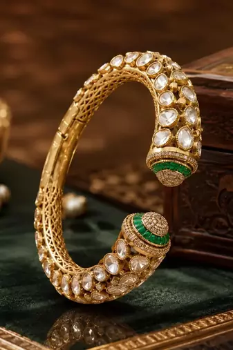 Green Kundan Open Cuff Bracelet, Antique Gold Bridal Kada, Indian Wedding Statement Jewelry