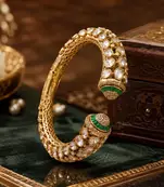 Green Kundan Open Cuff Bracelet, Antique Gold Bridal Kada, Indian Wedding Statement Jewelry