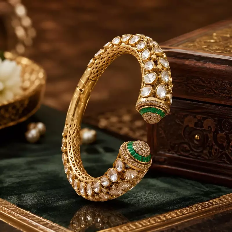 Green Kundan Open Cuff Bracelet, Antique Gold Bridal Kada, Indian Wedding Statement Jewelry