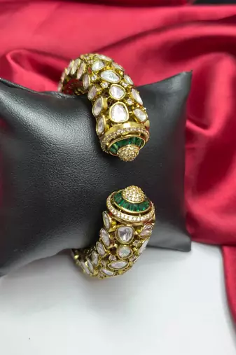 Green Kundan Open Cuff Bracelet, Antique Gold Bridal Kada, Indian Wedding Statement Jewelry