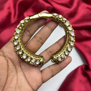 Green Kundan Open Cuff Bracelet, Antique Gold Bridal Kada, Indian Wedding Statement Jewelry 3