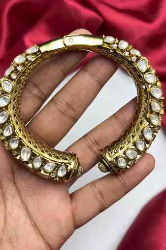 Green Kundan Open Cuff Bracelet, Antique Gold Bridal Kada, Indian Wedding Statement Jewelry
