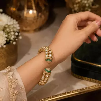 Green Kundan Open Cuff Bracelet, Antique Gold Bridal Kada, Indian Wedding Statement Jewelry 4