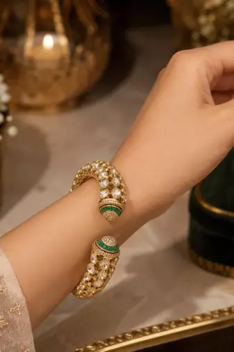 Green Kundan Open Cuff Bracelet, Antique Gold Bridal Kada, Indian Wedding Statement Jewelry
