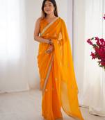 silk blend yellow designer beads moti val sequance work saree