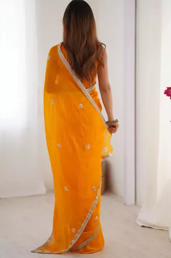 silk blend yellow designer beads moti val sequance work saree