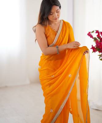 silk blend yellow designer beads moti val sequance work saree 3