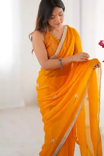 silk blend yellow designer beads moti val sequance work saree