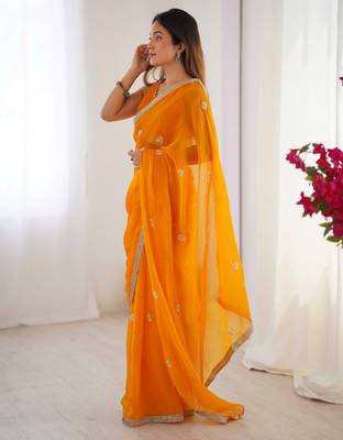 silk blend yellow designer beads moti val sequance work saree 4