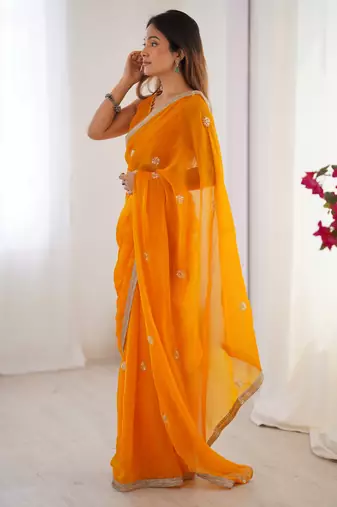 silk blend yellow designer beads moti val sequance work saree