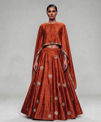Rust Orange Embroidered Dupion Silk Cape Lehenga Set 1