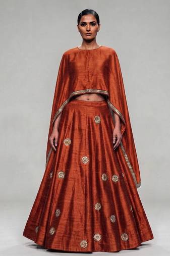 Rust Orange Embroidered Dupion Silk Cape Lehenga Set
