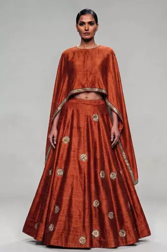 Rust Orange Embroidered Dupion Silk Cape Lehenga Set