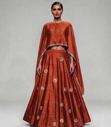 Rust Orange Embroidered Dupion Silk Cape Lehenga Set