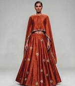 Rust Orange Embroidered Dupion Silk Cape Lehenga Set