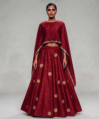 Crimson Red Embroidered Dupion Silk Lehenga Set 1