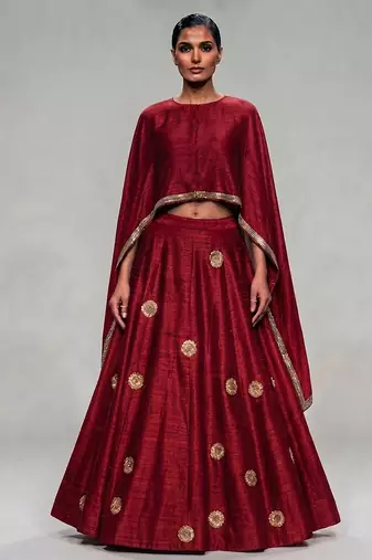 Crimson Red Embroidered Dupion Silk Lehenga Set