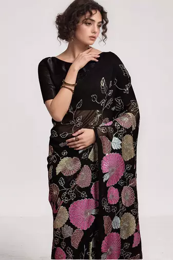 georgette black designer thread sequance embroidery work saree