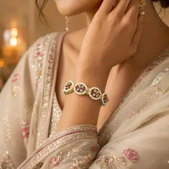 Ruby Kundan Pearl Bracelet, Traditional Indian Bridal Gold Tone Kada 1