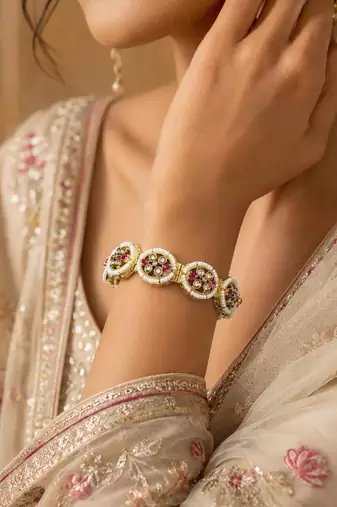 Ruby Kundan Pearl Bracelet, Traditional Indian Bridal Gold Tone Kada