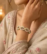 Ruby Kundan Pearl Bracelet, Traditional Indian Bridal Gold Tone Kada