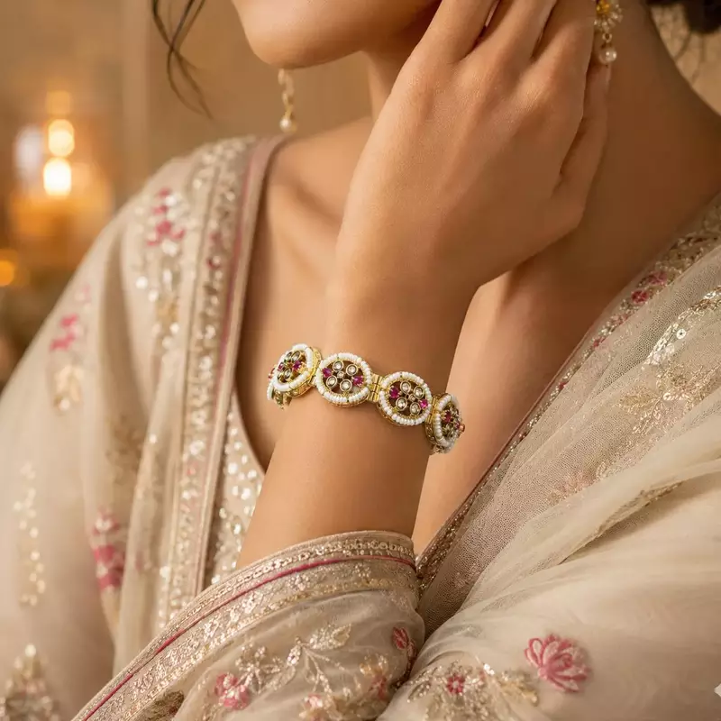 Ruby Kundan Pearl Bracelet, Traditional Indian Bridal Gold Tone Kada