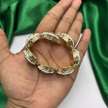 Ruby Kundan Pearl Bracelet, Traditional Indian Bridal Gold Tone Kada 2