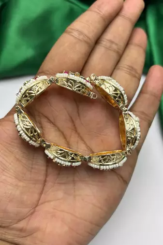 Ruby Kundan Pearl Bracelet, Traditional Indian Bridal Gold Tone Kada
