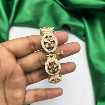Ruby Kundan Pearl Bracelet, Traditional Indian Bridal Gold Tone Kada 3