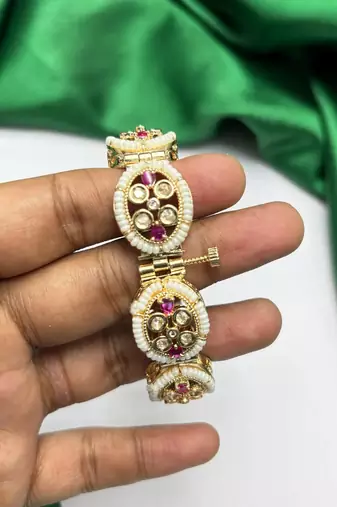 Ruby Kundan Pearl Bracelet, Traditional Indian Bridal Gold Tone Kada