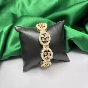Ruby Kundan Pearl Bracelet, Traditional Indian Bridal Gold Tone Kada 4