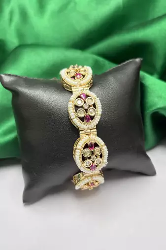 Ruby Kundan Pearl Bracelet, Traditional Indian Bridal Gold Tone Kada