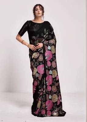 georgette black designer thread sequance embroidery work saree 1