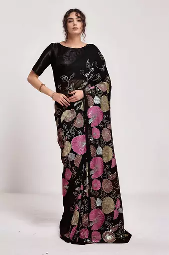 georgette black designer thread sequance embroidery work saree