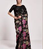 georgette black designer thread sequance embroidery work saree