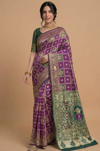 Purple and green cotton silk saree