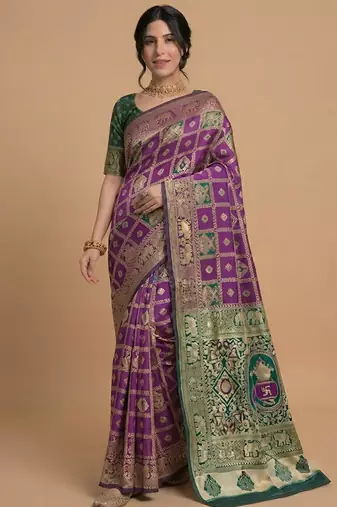 Purple and green cotton silk saree