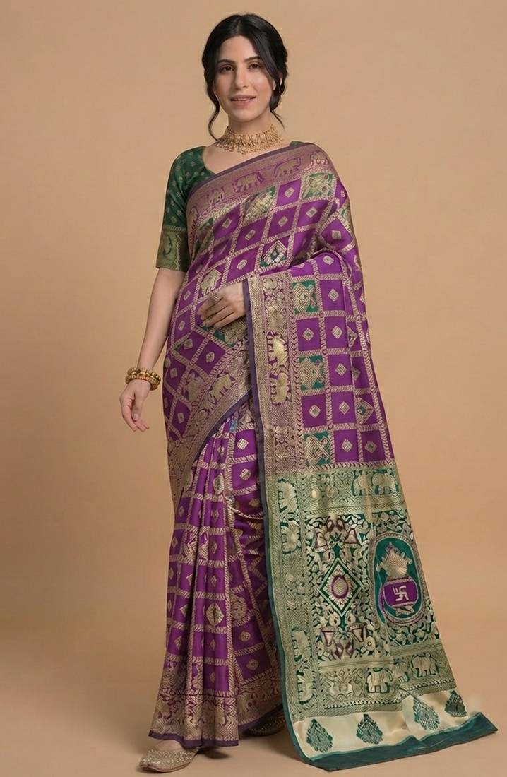 Purple and green cotton silk saree