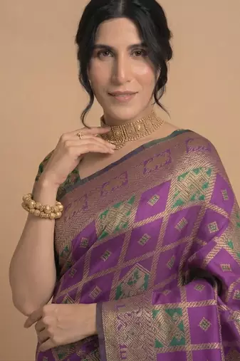 Purple and green cotton silk saree