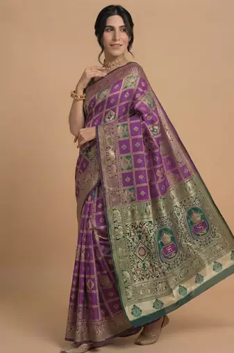 Purple and green cotton silk saree