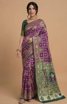 Purple and green cotton silk saree 4