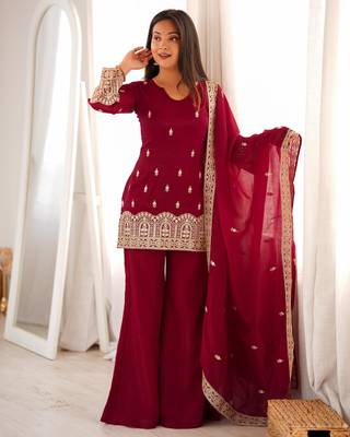 Women's Beautiful Embroidery Work Crunchy Silk Fabric Straight Kurta Pant and Dupatta Set 1