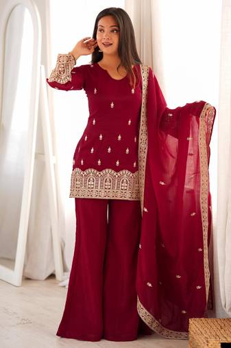 Women's Beautiful Embroidery Work Crunchy Silk Fabric Straight Kurta Pant and Dupatta Set